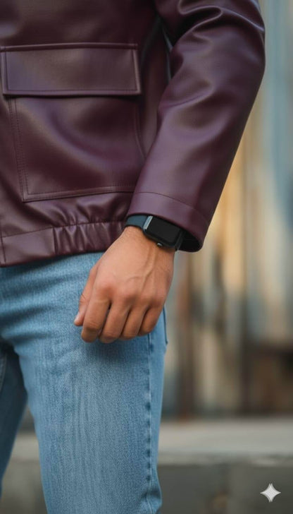 Men’s Burgundy Leather Bomber Jacket