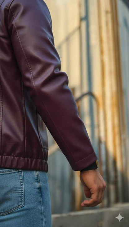 Men’s Burgundy Leather Bomber Jacket
