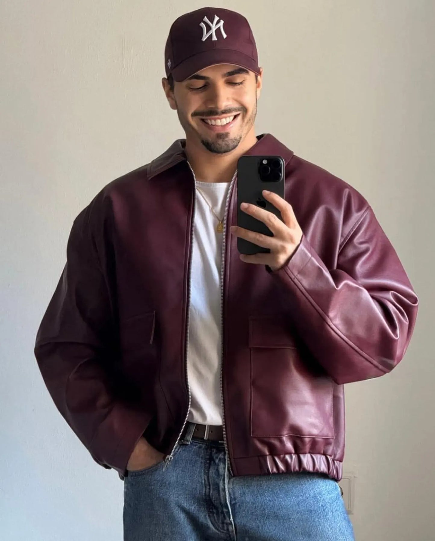Men’s Burgundy Leather Bomber Jacket